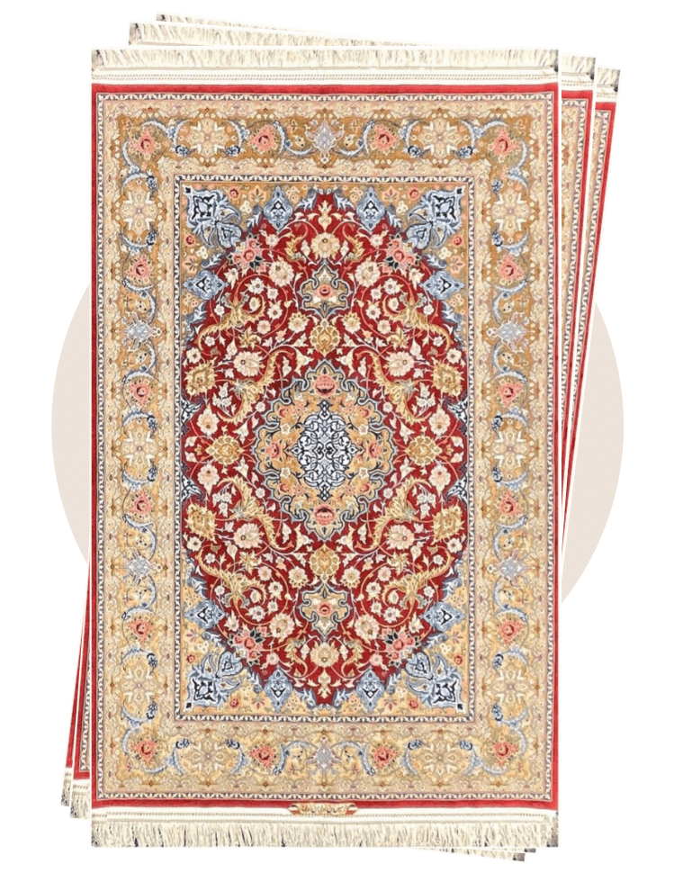 An exquisite collection of Tabriz Persian rugs, featuring intricate floral designs and central medallions in vibrant, naturally dyed colors, hand-knotted from wool and silk.