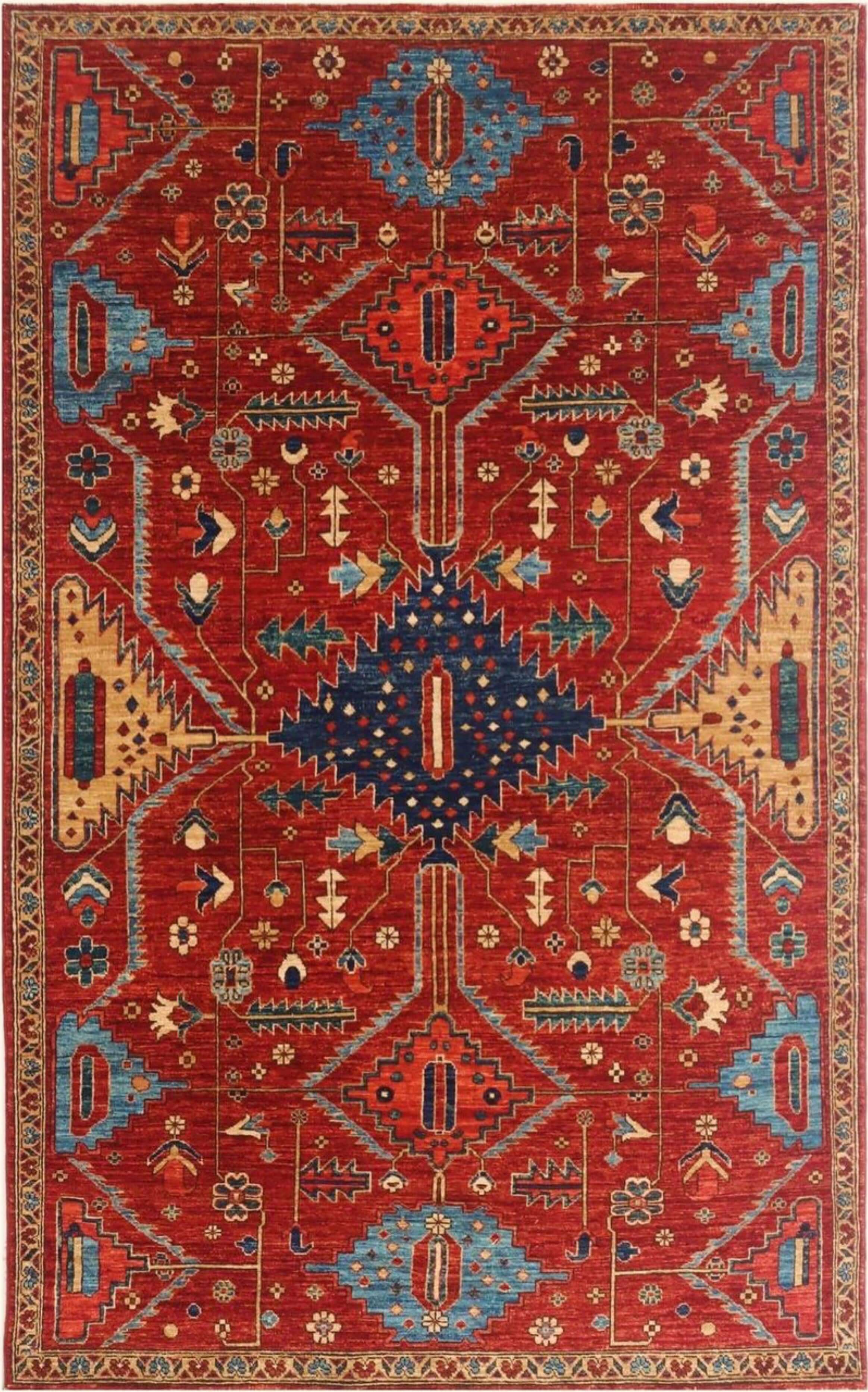 A diverse collection of hand-knotted tribal rugs showcasing intricate geometric patterns and vibrant colors, made from natural fibers by skilled nomadic weavers.