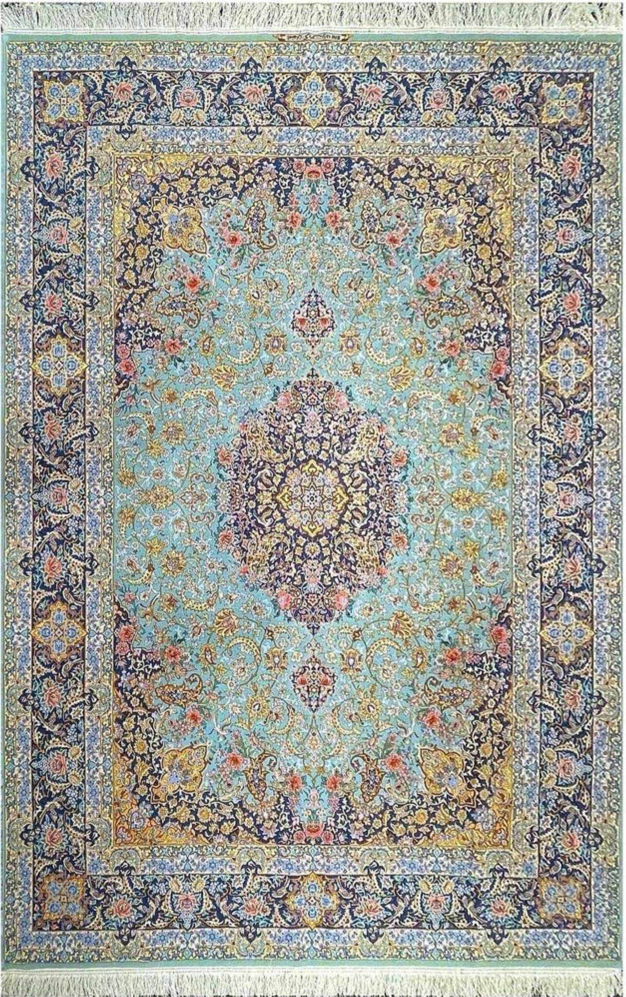 "Hand-knotted Persian rug with wool and silk blend, crafted in Isfahan, Iran, by Ali Karbasizadeh."
