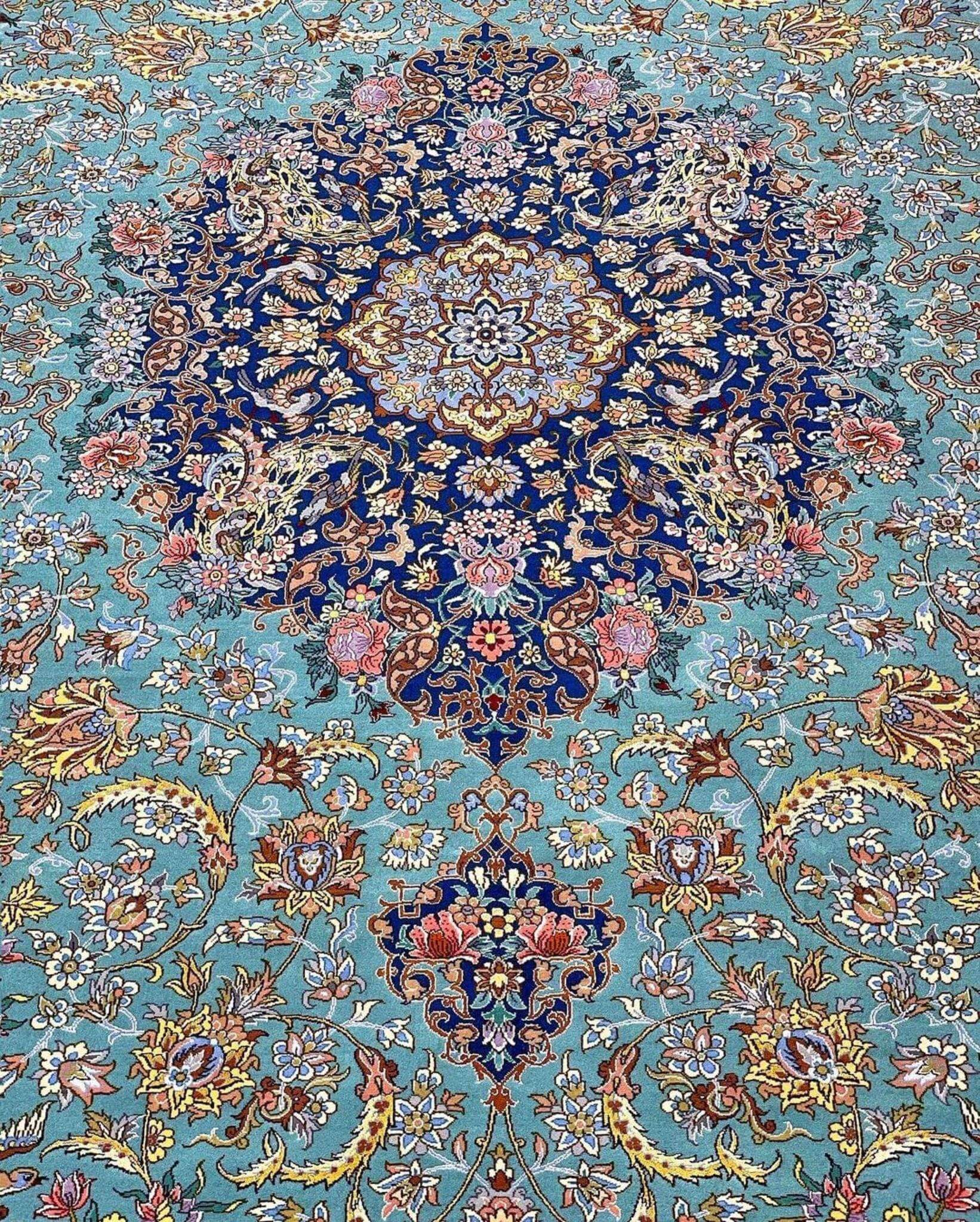 "Unique Persian silk and wool rug, made in Isfahan, Iran, available in limited stock."
