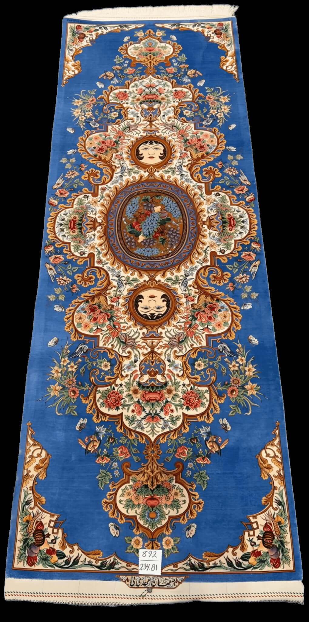 Elegant ornate blue Persian silk runner designed by Master Akbar Mehdiee