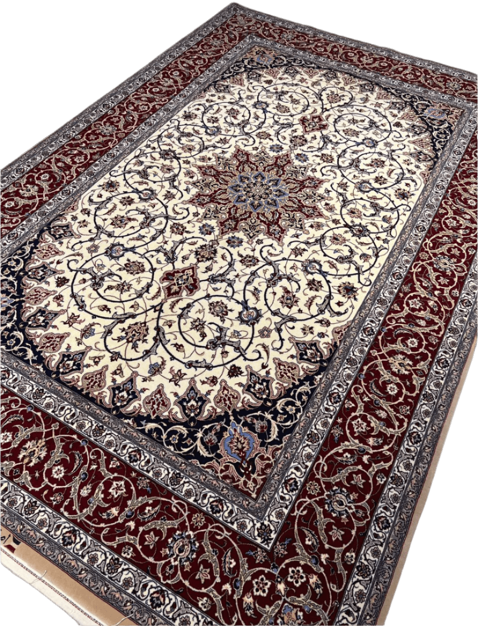 Silk-wool blend rug from the New Davarie Islimie collection, featuring a red and blue pattern, 7 kg in weight