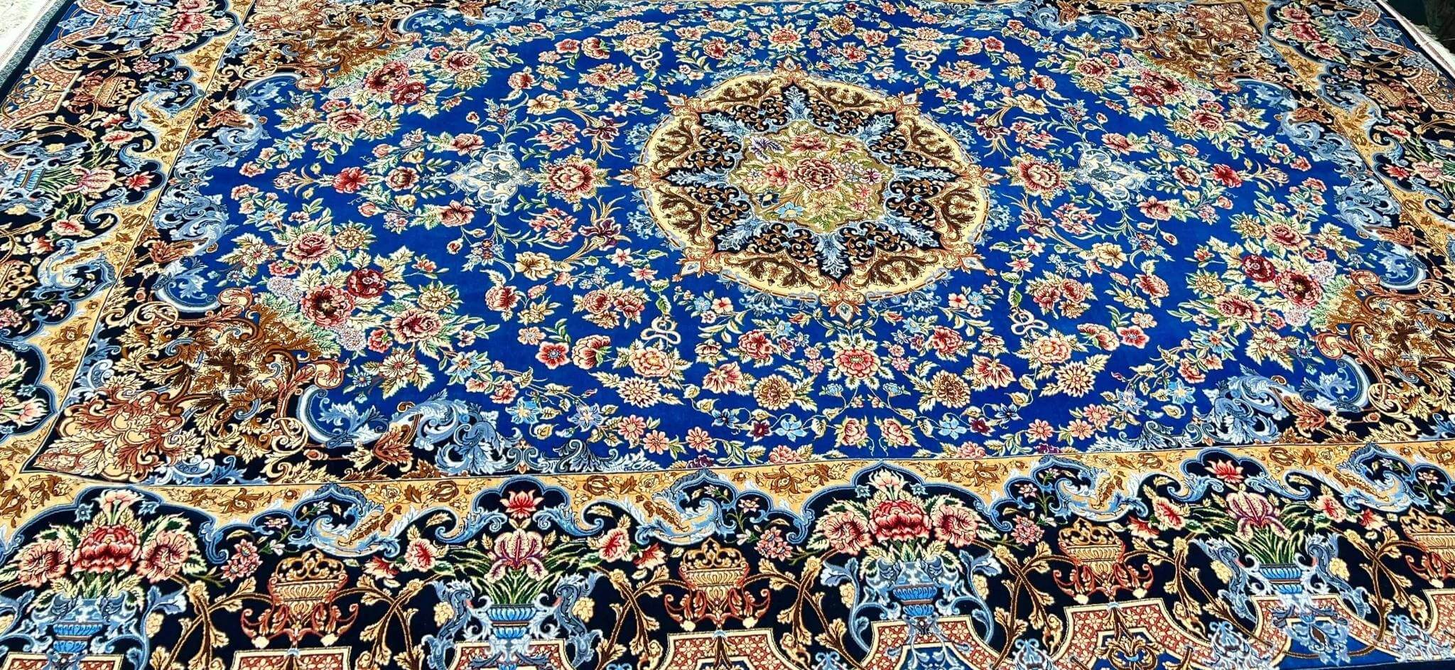 "Unique hand-knotted Persian carpet from Isfahan, crafted with silk warp and wool pile for durability."

