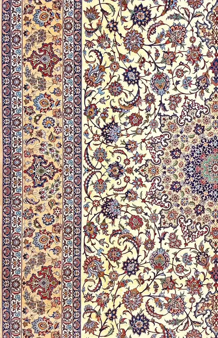 High-quality Persian rug from Isfahan, Iran, knotted by hand with a blend of silk and wool, ideal for enhancing any living space.

