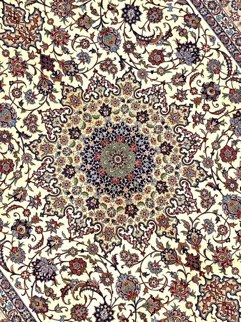 Exquisite handmade Persian carpet for sale, crafted in Isfahan, measuring 323 cm x 203 cm, perfect for home décor.

