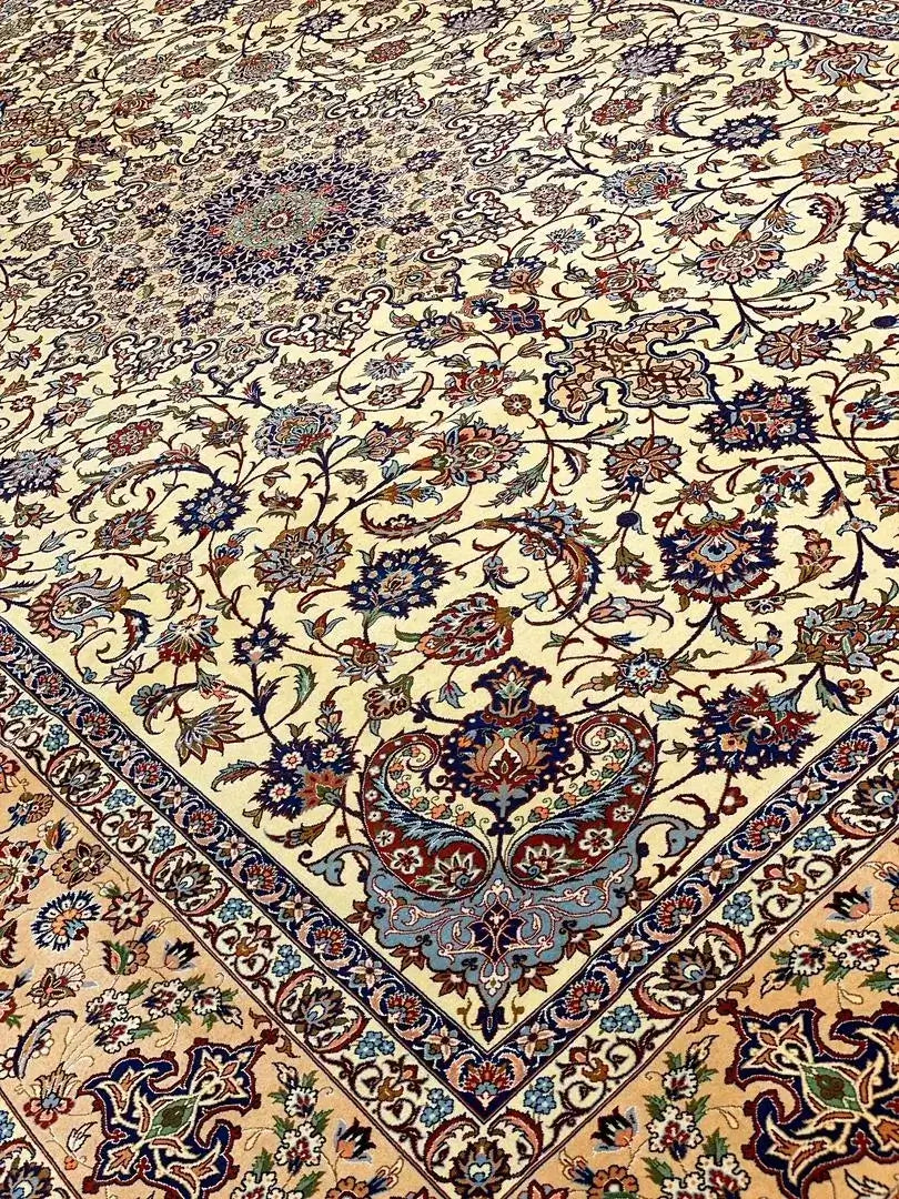 Luxury Persian rug made with silk and wool, offering timeless craftsmanship, available for purchase in traditional Persian design.

