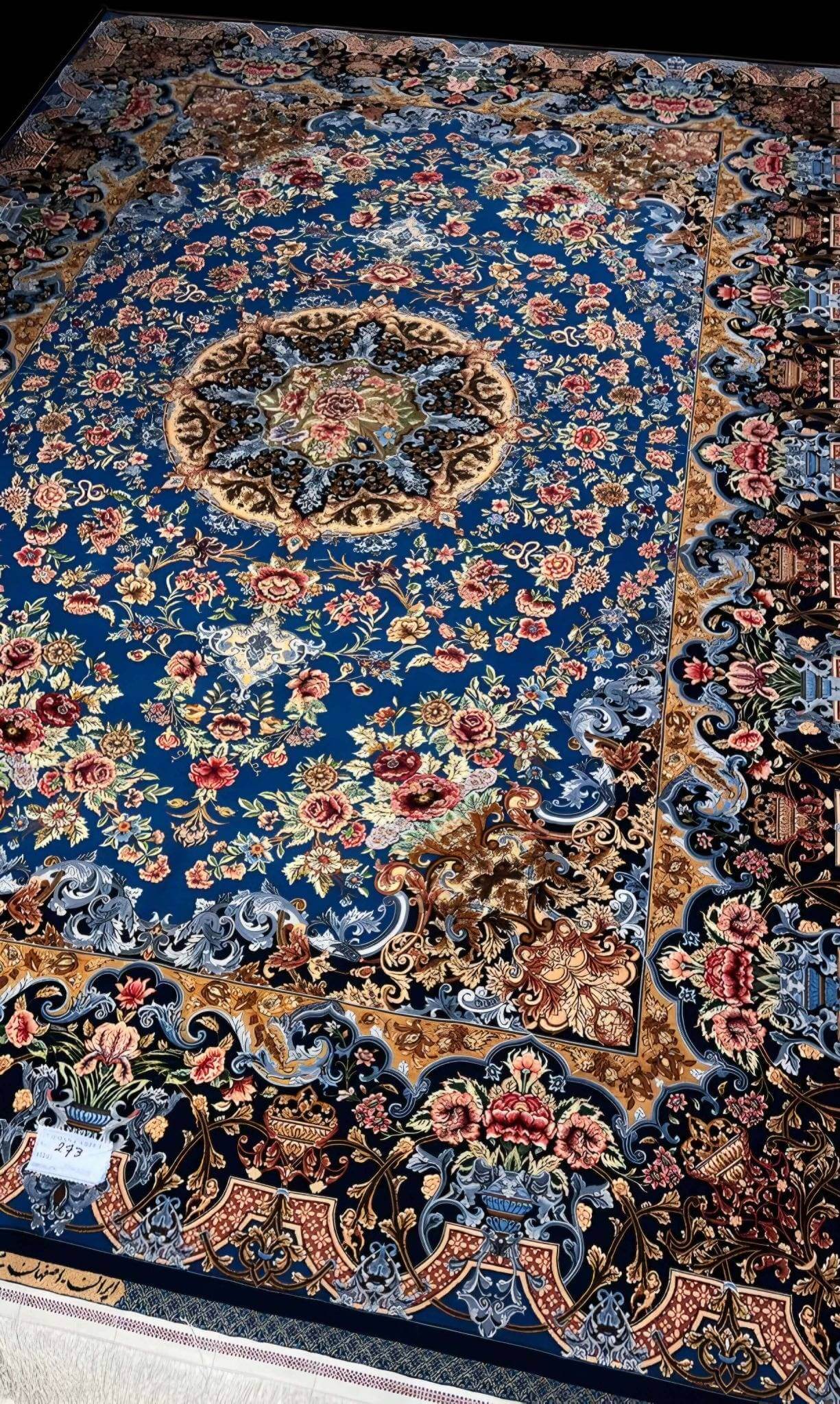 "Exquisite Persian rug, wool and silk blend, handwoven in Iran, showcasing timeless craftsmanship."
