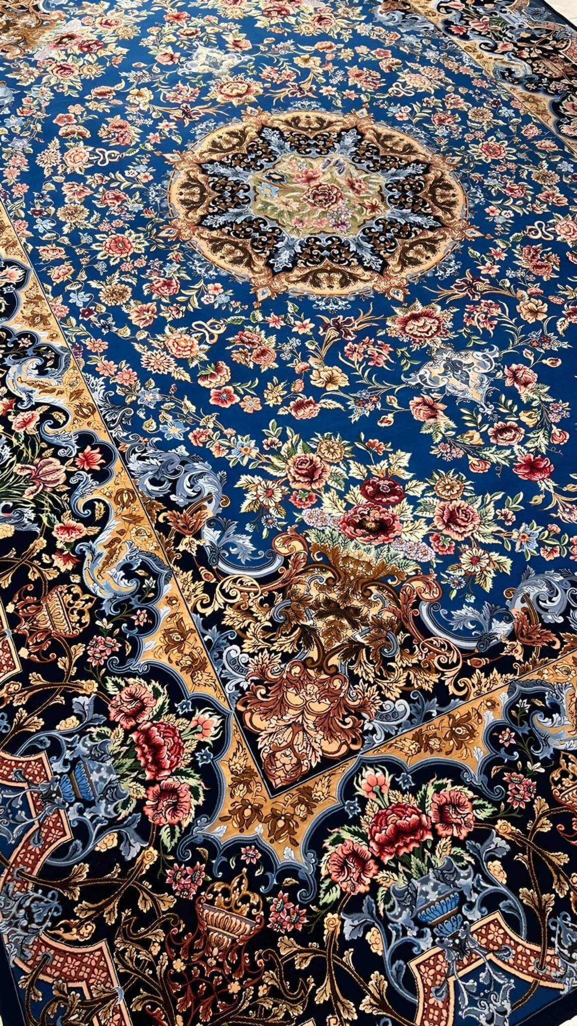 "High-quality Persian rug by master weaver Mirzaie, with intricate designs and wool-silk pile."
