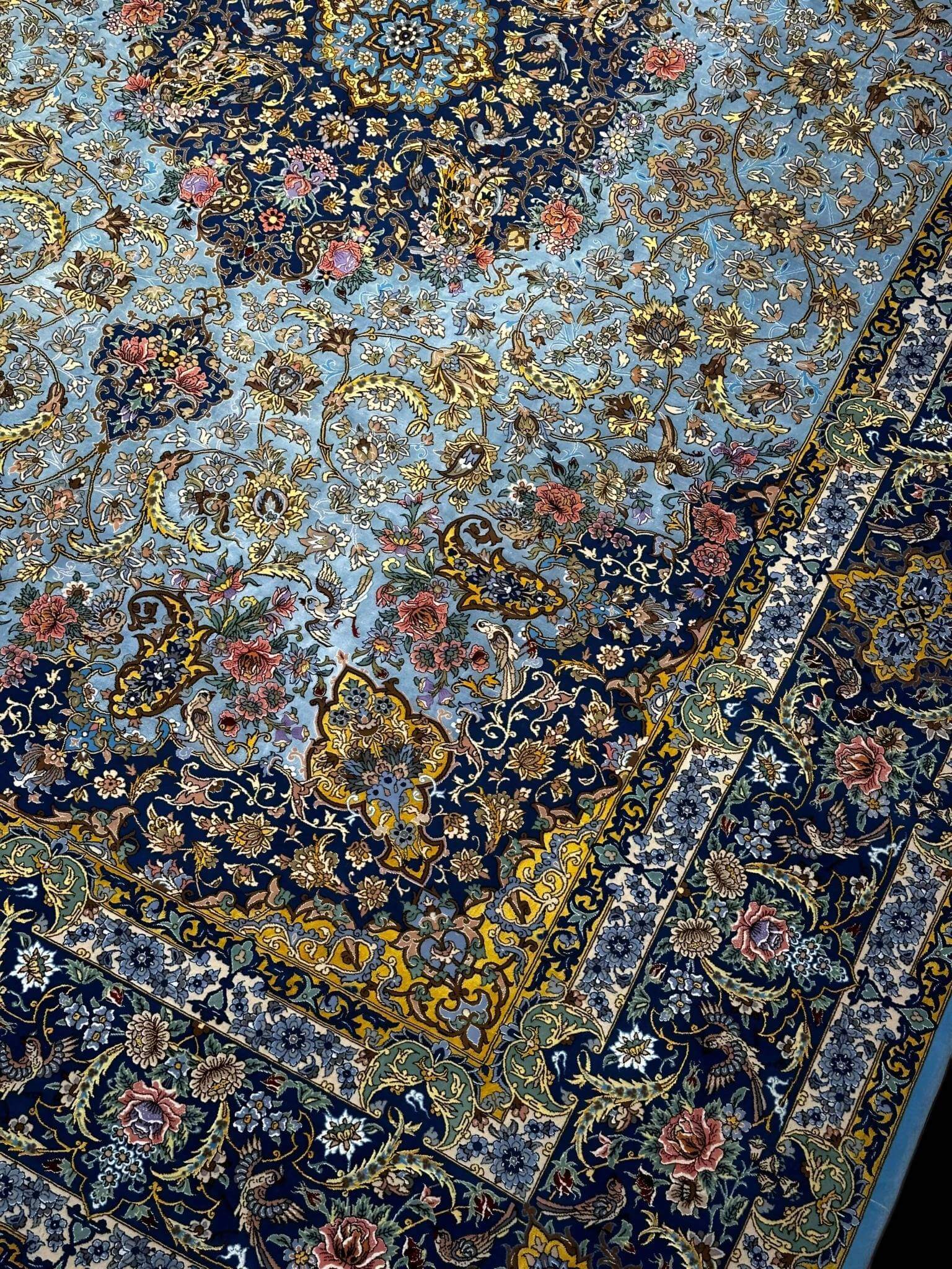 "Exclusive handmade Persian rug in wool and silk with intricate patterns, crafted by Ali Karbasizadeh."
