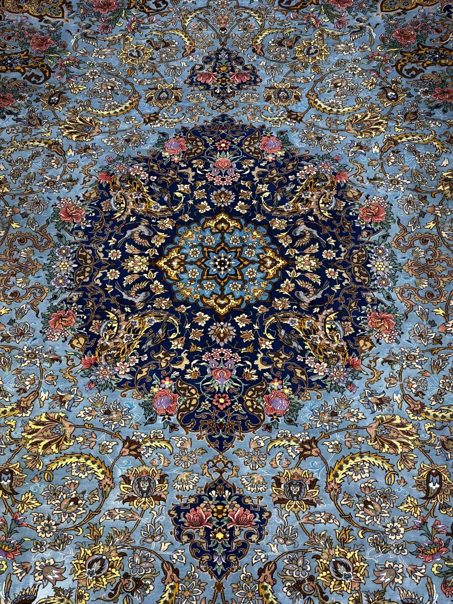 "One-of-a-kind Persian rug, handwoven with silk warp and wool-silk pile, perfect for sophisticated interiors."

