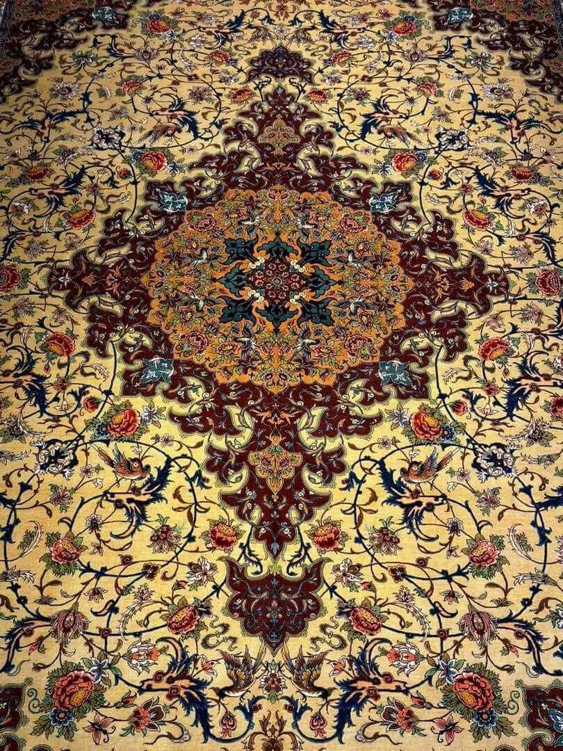 "Exquisite Persian wool rug with hand-knotted silk details, available for purchase"

