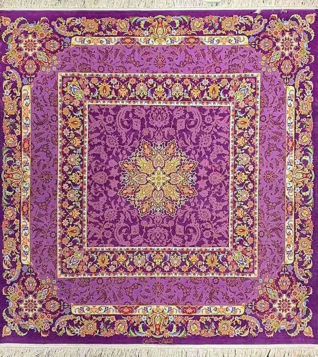 "Handmade square Persian rug in vibrant purple, crafted in Isfahan, Iran by weaver Hakimie. Measuring 200 cm x 200 cm, this silk and wool rug has a knot density of 810,000 knots/m², perfect for adding luxury to your living space."

