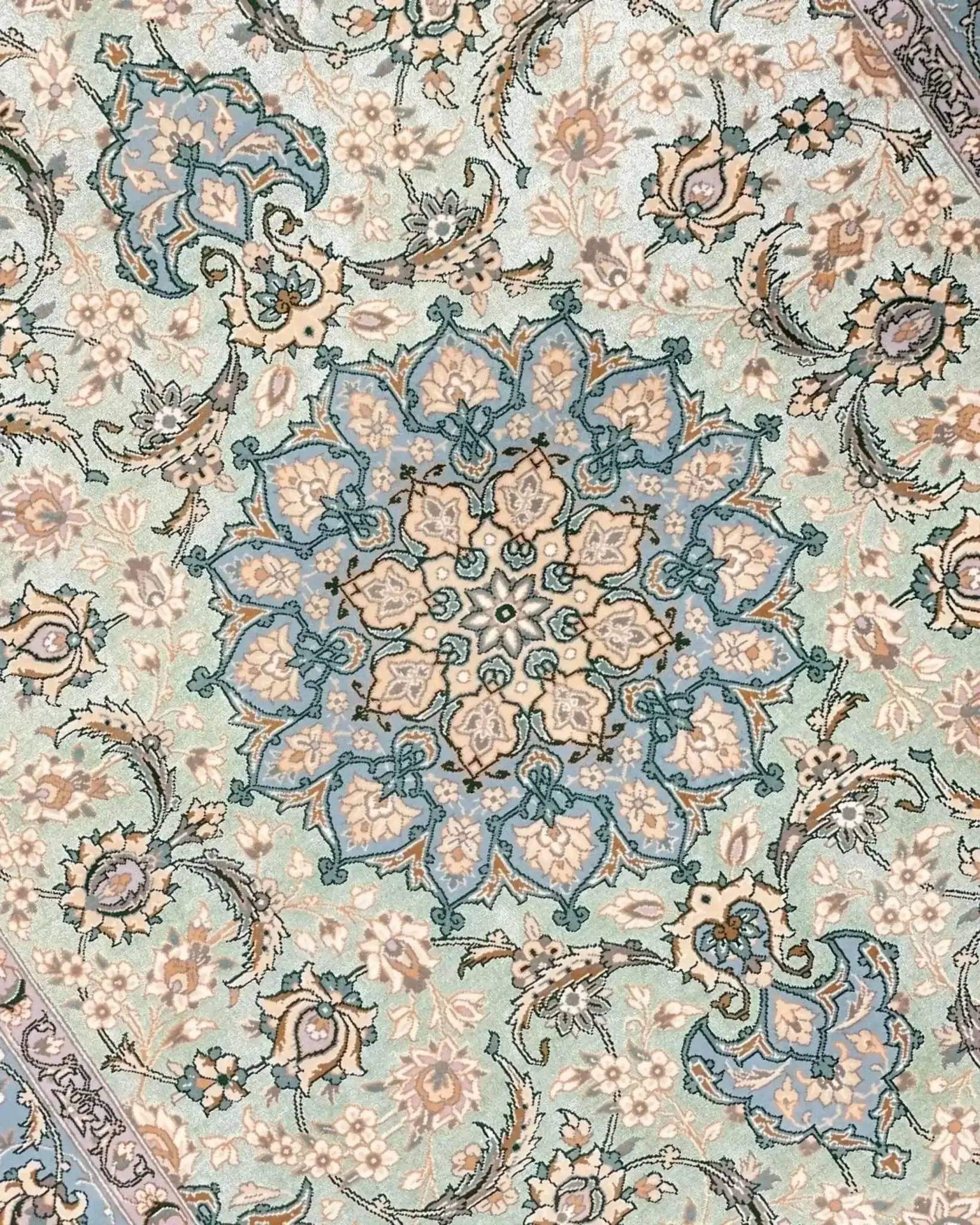 "Luxury hand-knotted Persian carpet from Iran with a traditional medallion design, woven by Master Taghie Zadeh."