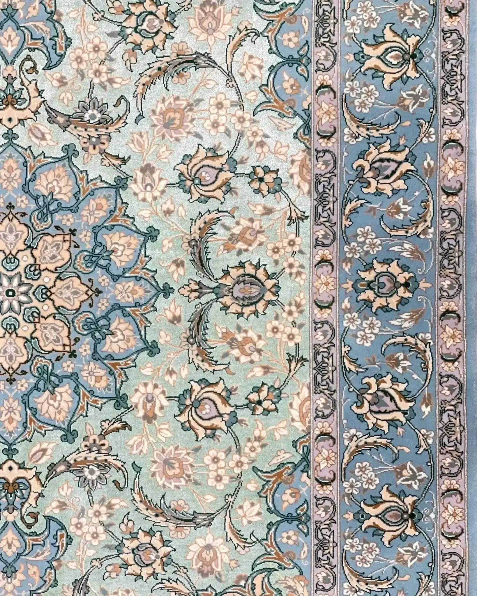"Elegant wool and silk Persian rug featuring delicate floral arabesque patterns and a timeless Isfahan design."