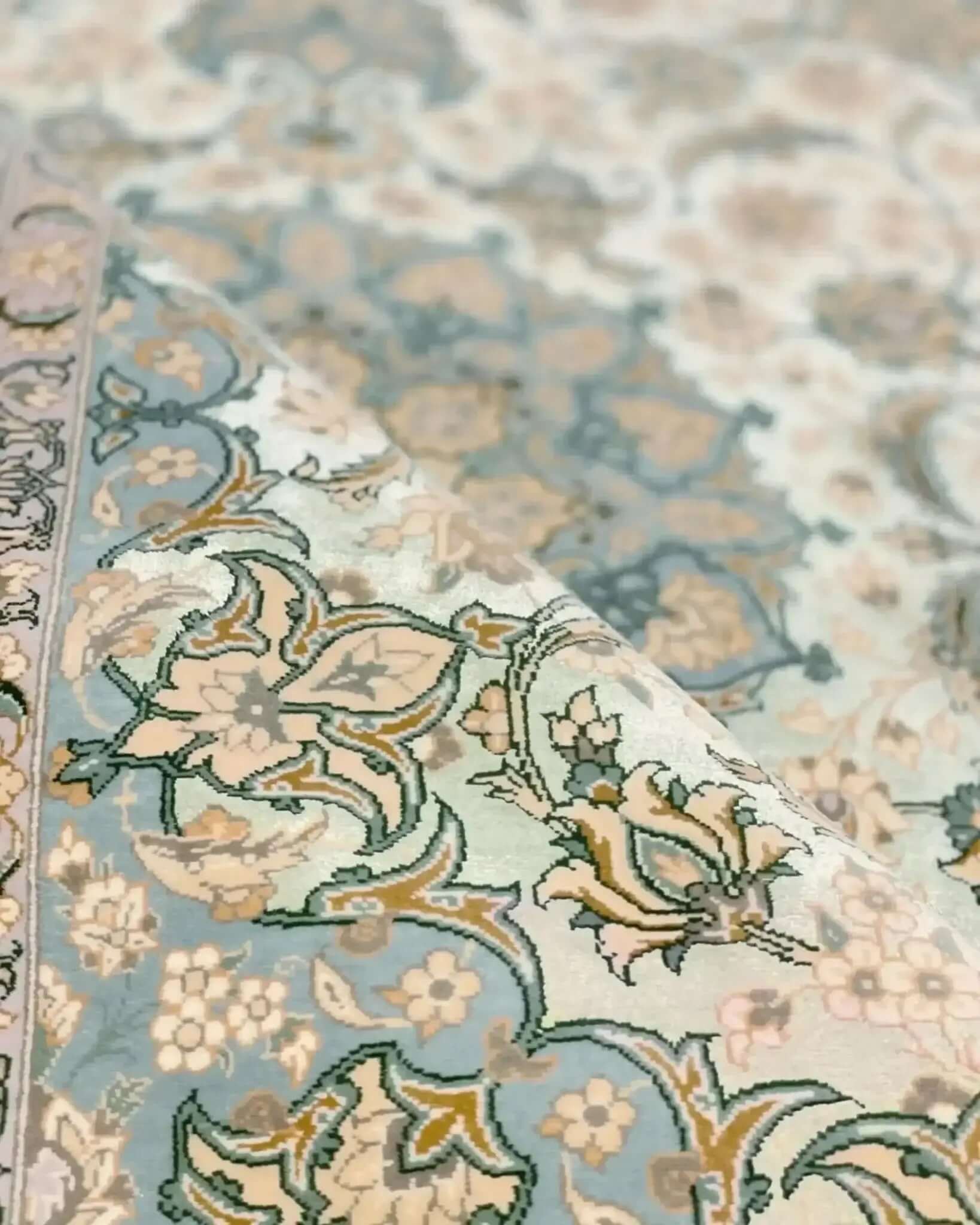 "Authentic Persian carpet with 810,000 knots per square meter, showcasing a refined blend of silk and wool."