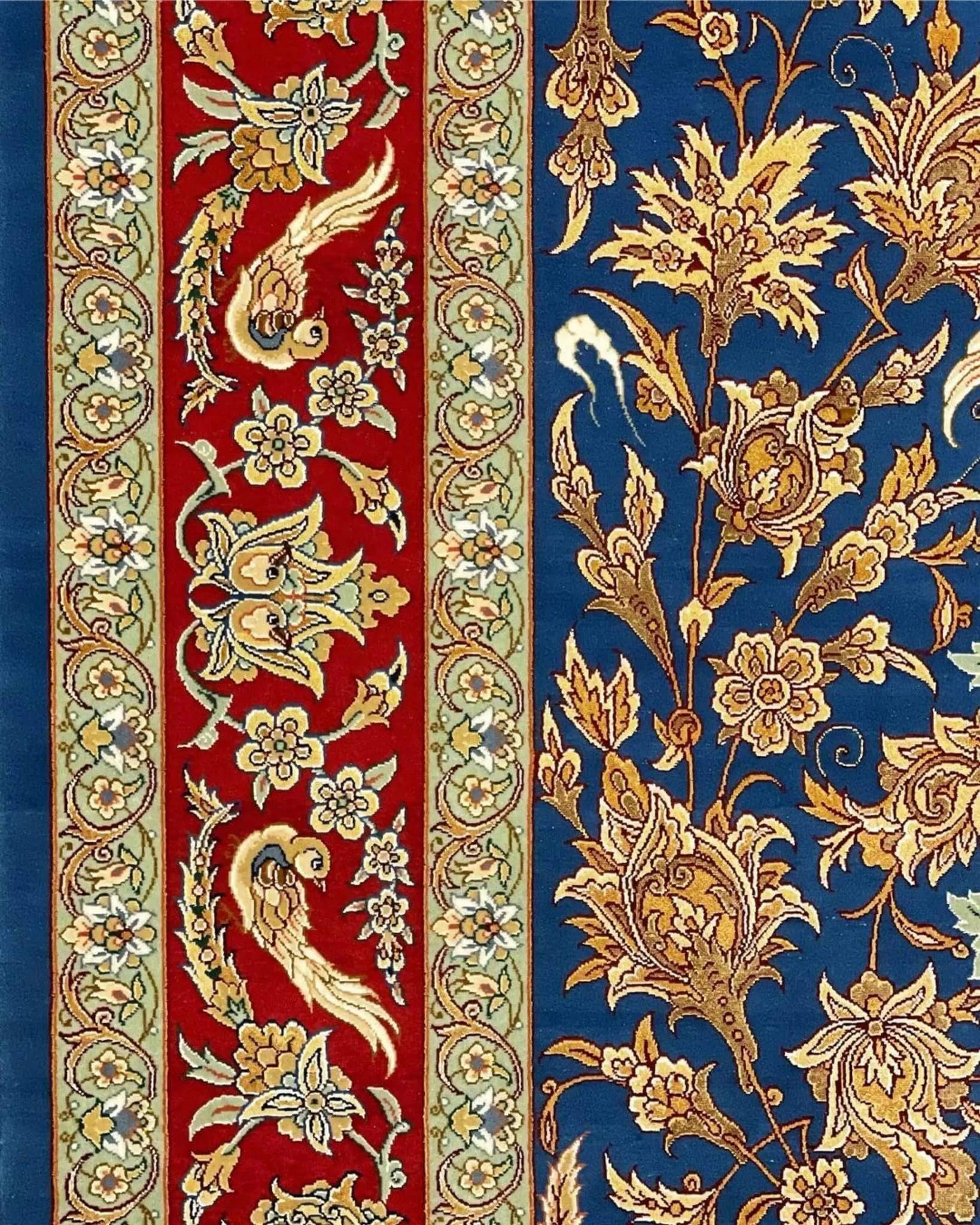 "Authentic Persian carpet from Isfahan, Iran, crafted with silk and wool, showcasing intricate animal and floral motifs."
