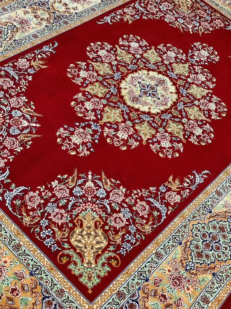 "Luxury Persian carpet featuring intricate silk highlights, traditional floral patterns, and a fine wool-silk blend."