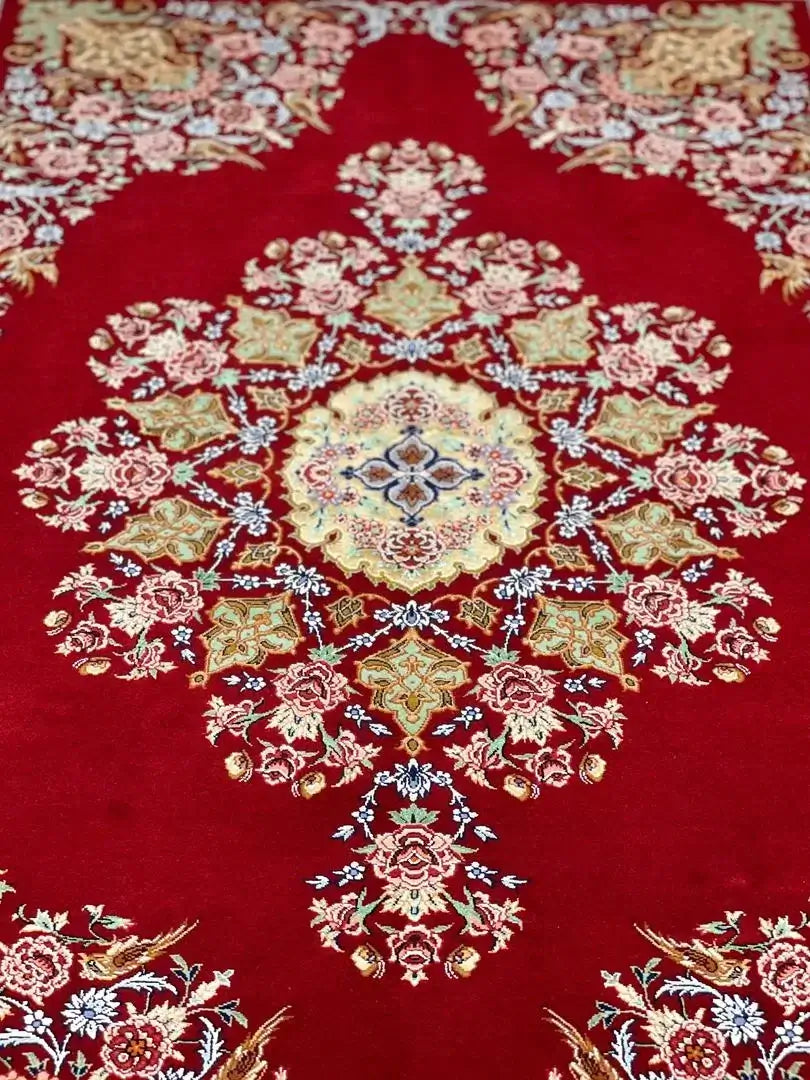 "Luxury Persian rug with intricate floral design – handmade wool and silk area rug"

