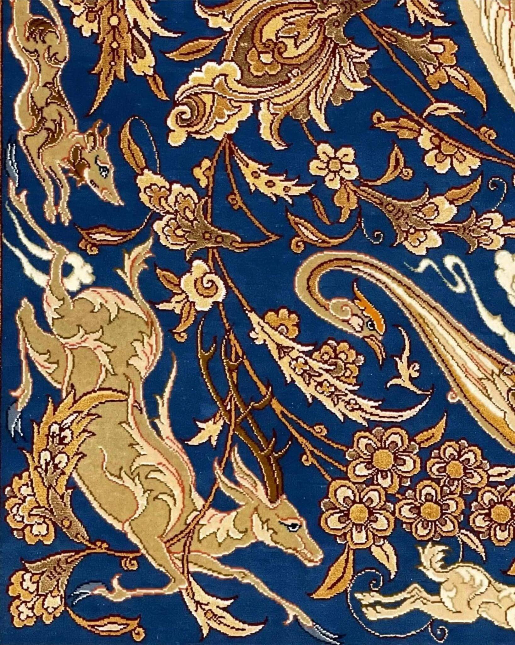 "Exquisite Persian silk and wool rug with intricate detailing, ideal for collectors and Persian art enthusiasts."