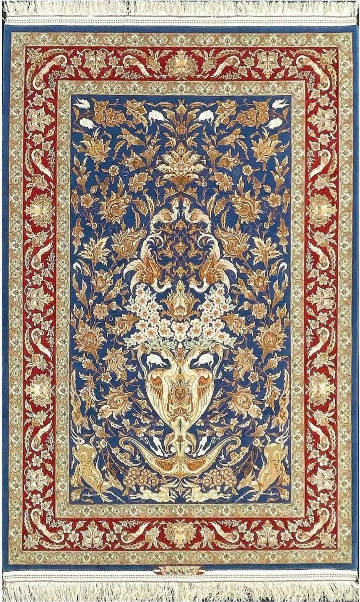 "Luxury hand-knotted Isfahan Persian rug with a floral vase design, featuring birds and deer on a navy blue background."