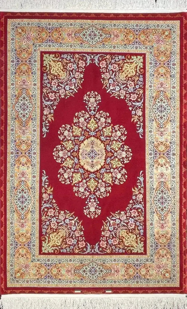 "Hand-knotted Isfahan Persian rug by Master Hassan Dardashtie with a deep red and gold floral medallion design."