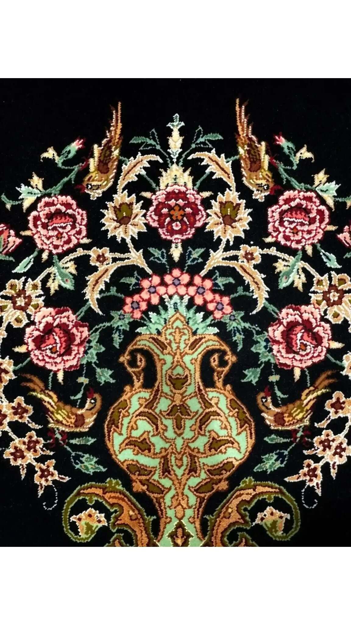 "Silk and wool Persian rug with detailed patterns and craftsmanship."
