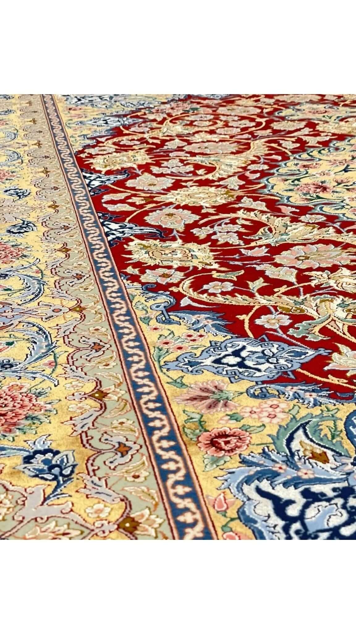 Handwoven Persian rug with gold and red colors, 230x150 cm, Akhtarian