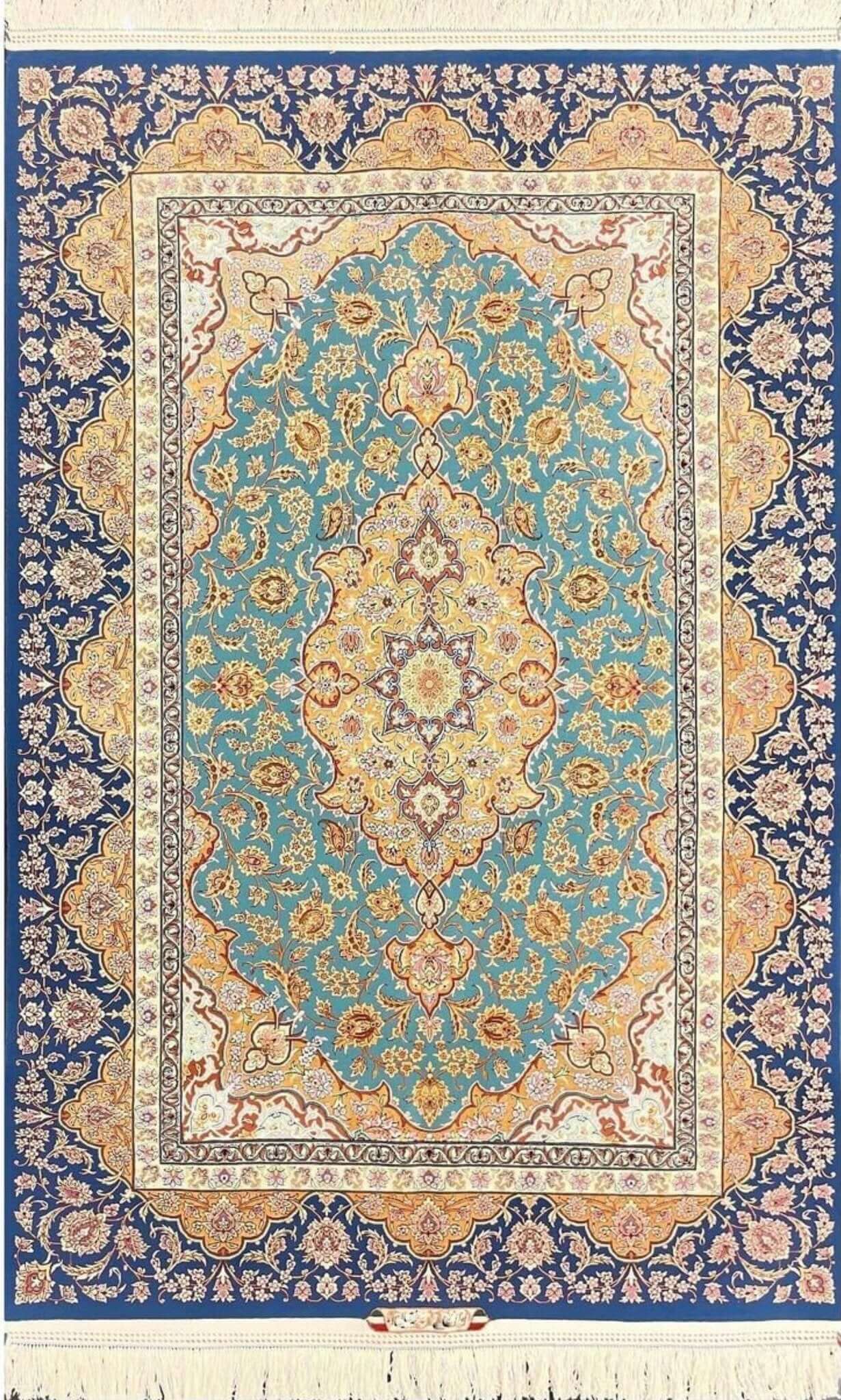 "Hand-knotted Isfahan Persian rug, 250 x 170 cm, made with wool and silk by renowned weaver Akhtarian. Knot density of 810,000 knots per square meter."

