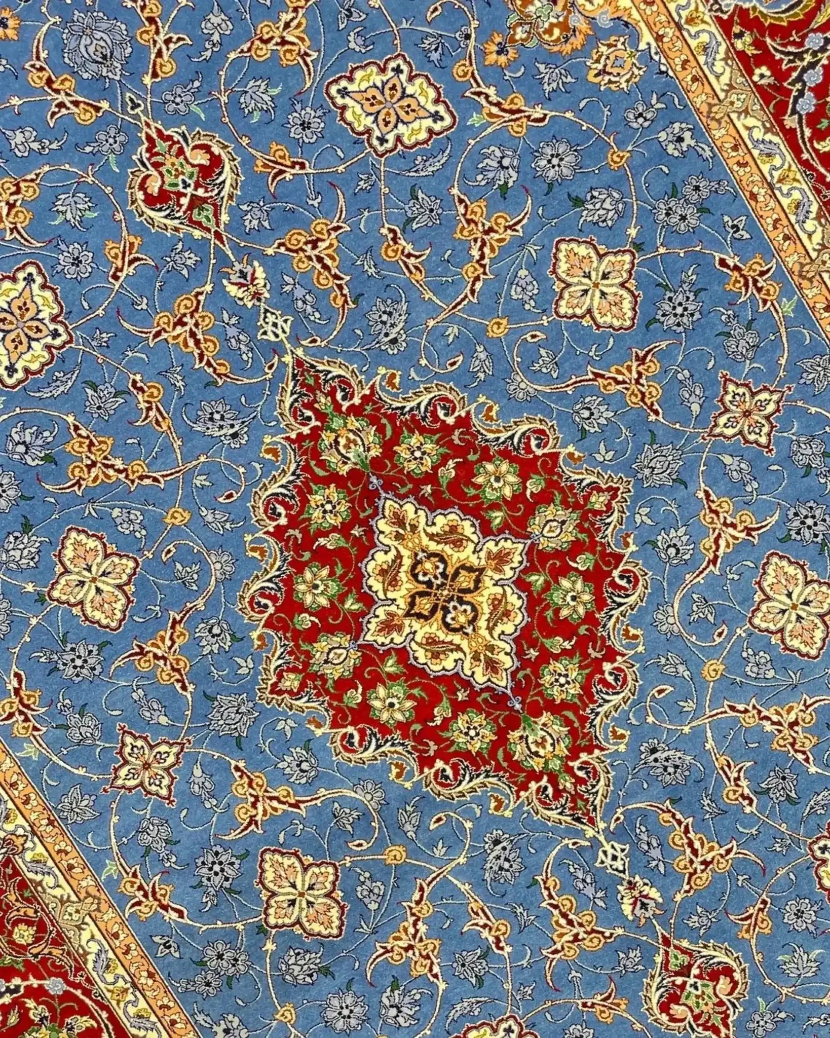 "Isfahan Persian rug for sale, handwoven with silk and wool blend, approximately 7.5 x 5.2 feet in size, by Saieed Davarie."
