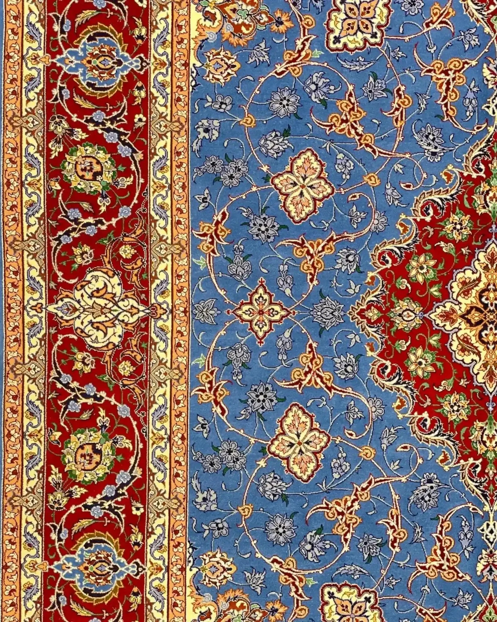 "Timeless Saieed Davarie Persian rug design, handwoven in Isfahan, made with a blend of silk and wool, perfect for any space."
