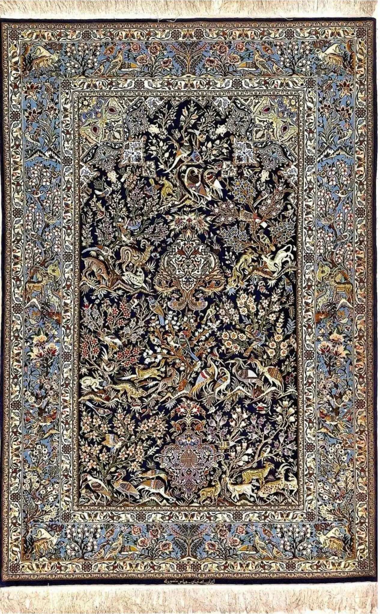 "Hand-knotted Isfahan Persian rug by Master Mansourie, featuring an intricate hunting scene."