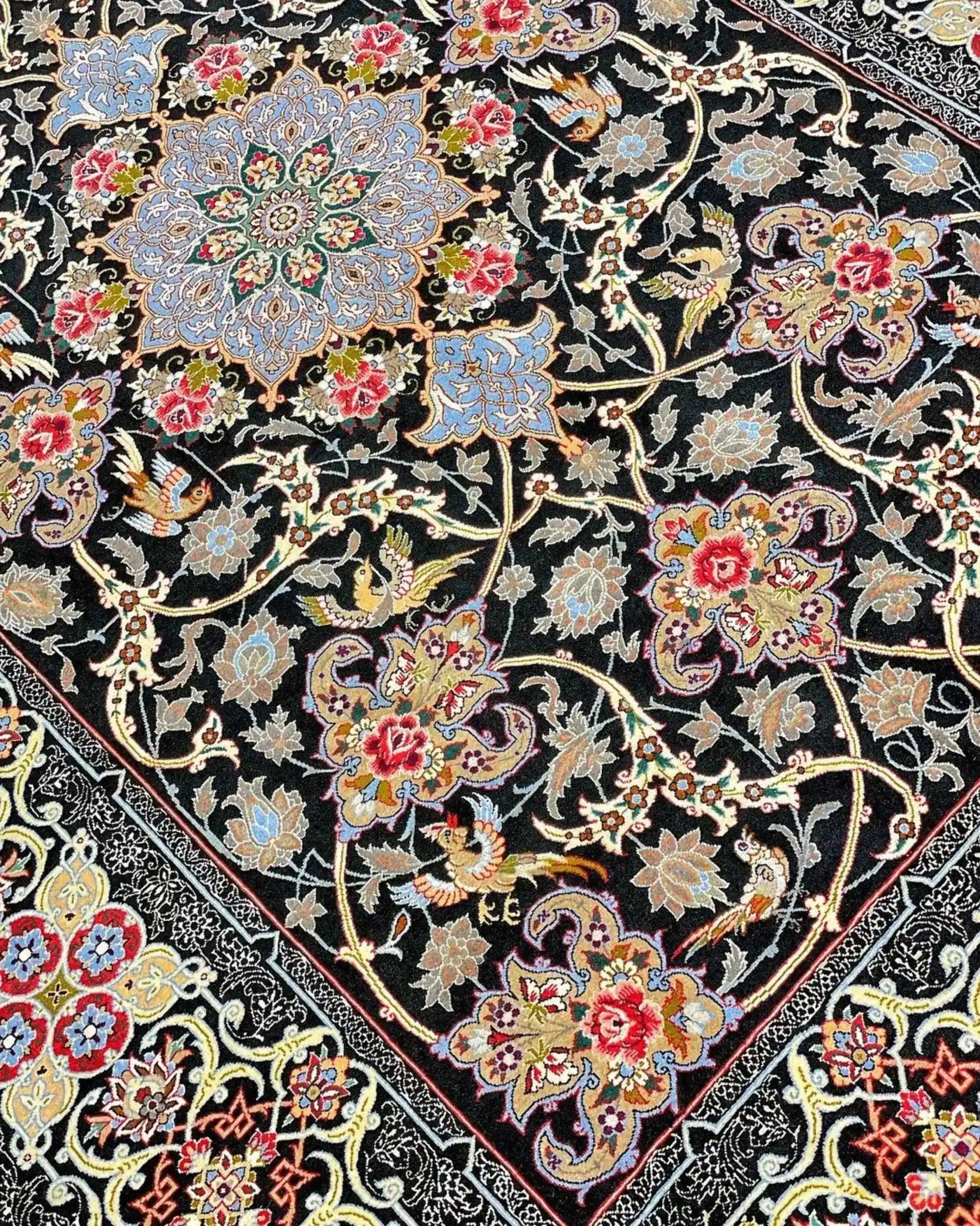 "Elegant Persian carpet with floral motifs, made by Davarie in Isfahan."
