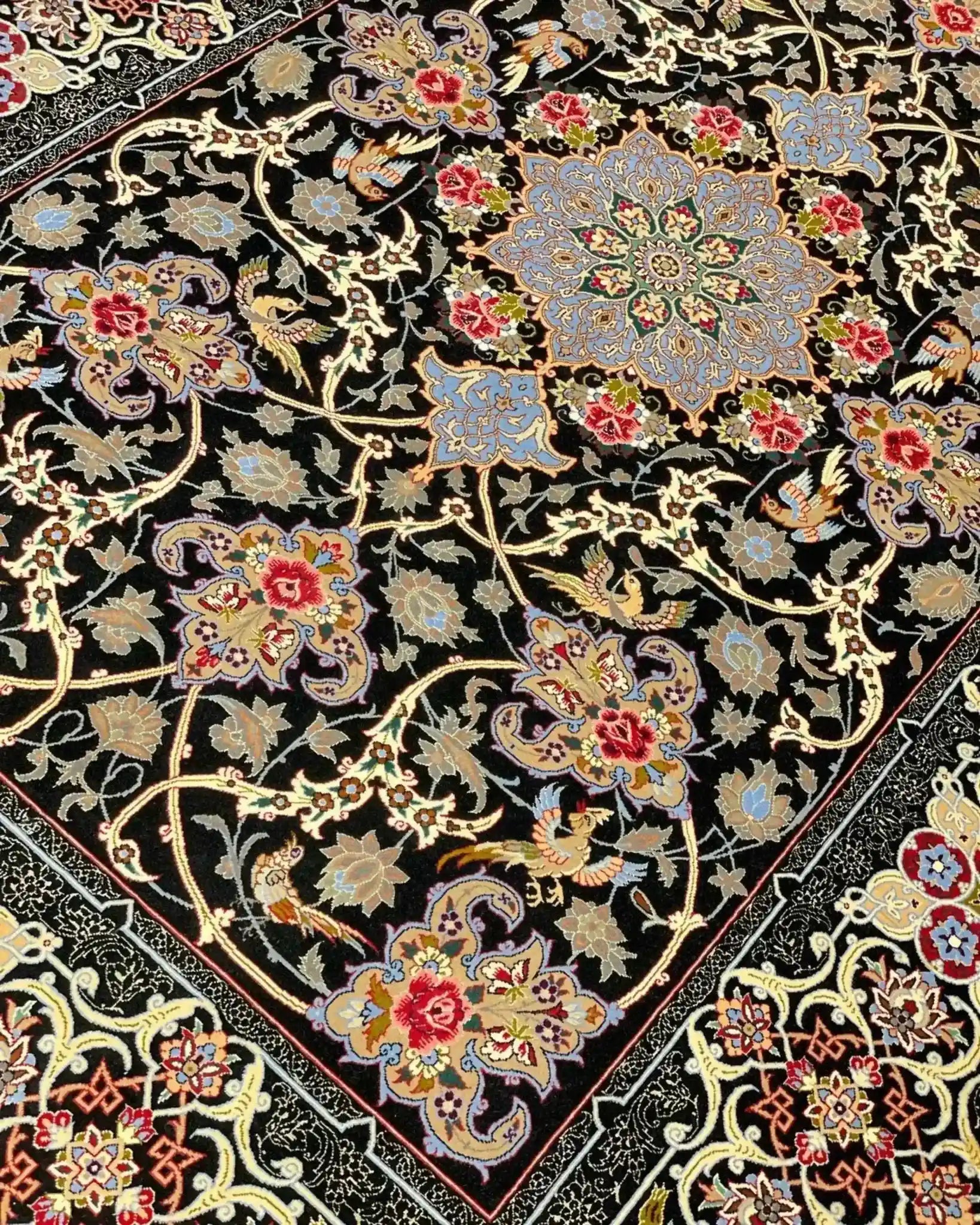 "Isfahan Persian carpet, knotted by hand, featuring wool and silk blend."
