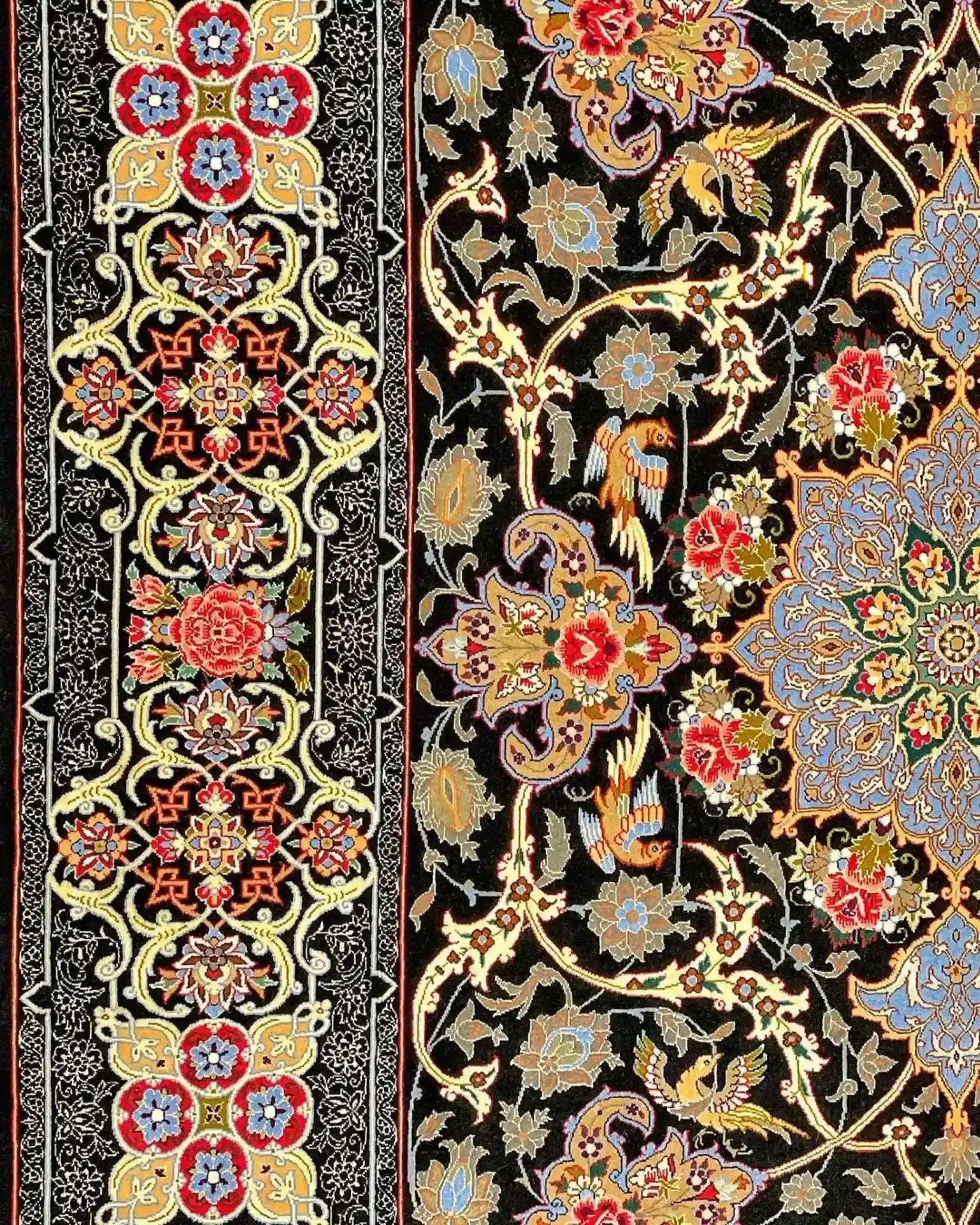 "Persian rug from Isfahan with intricate knotting and floral design details."
