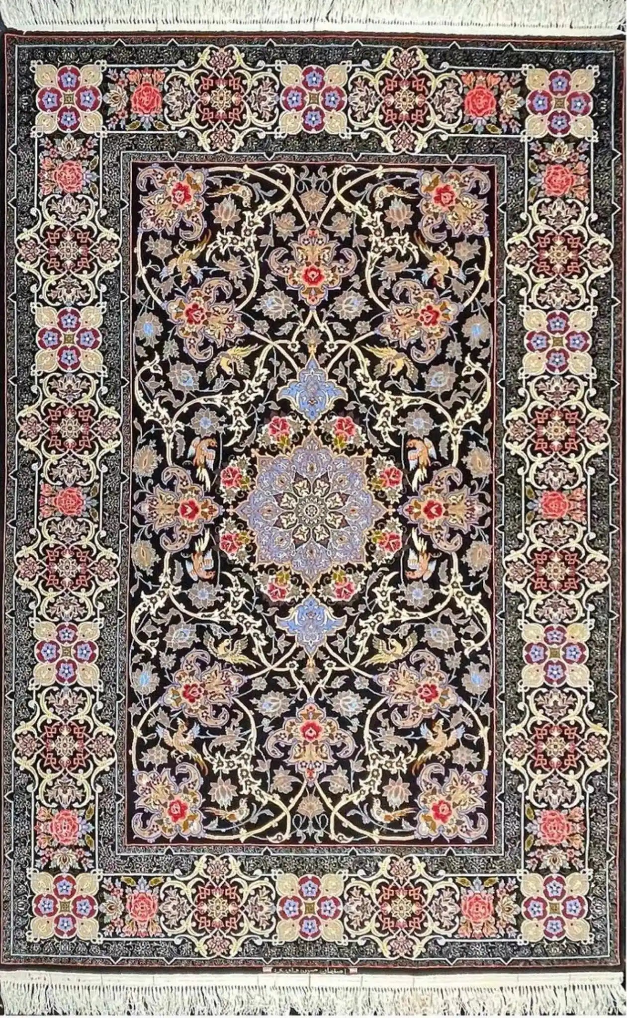 "Authentic Isfahan Persian rug in wool and silk with intricate floral design."
