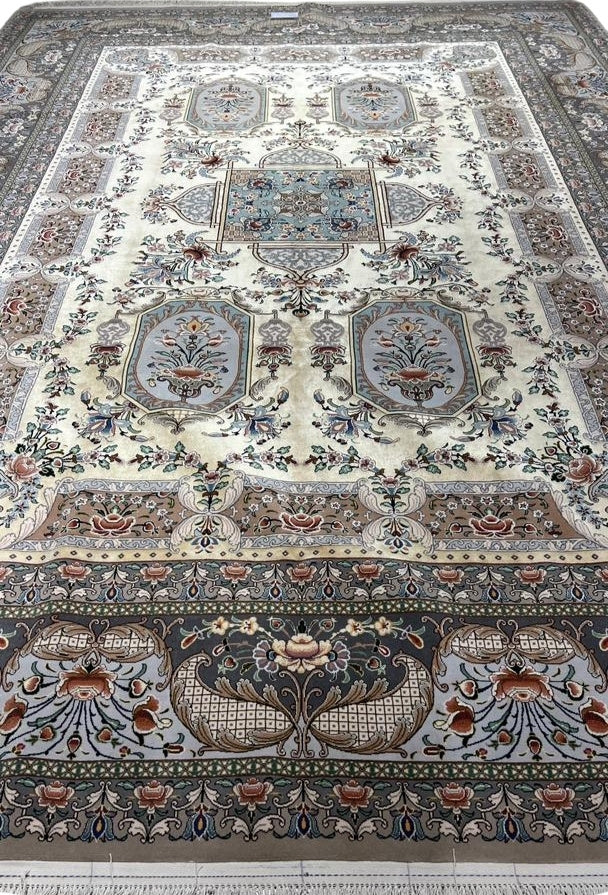 "Hand-knotted Persian Isfahan rug in golden-yellow tones with floral motifs, crafted by Master Moeidie."
