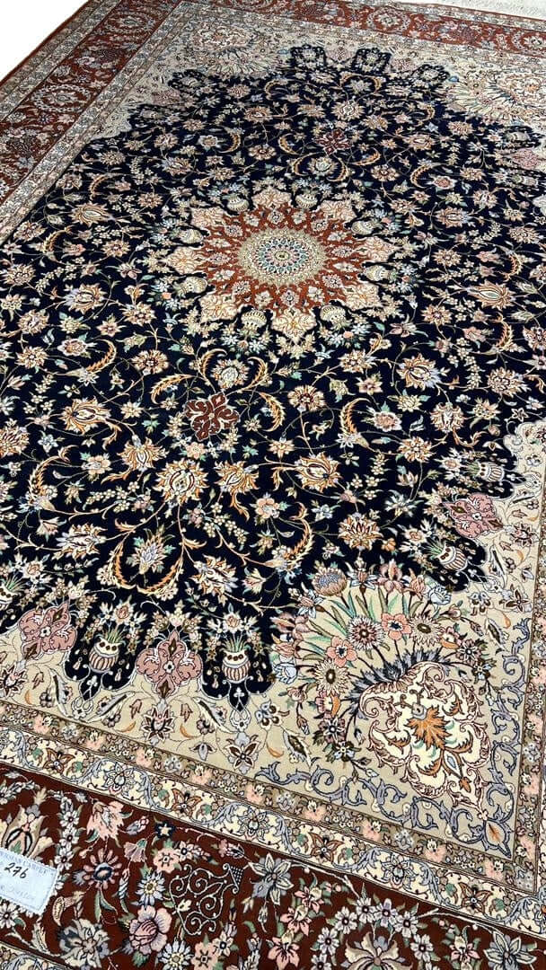 "Handwoven Persian rug crafted with silk and wool blend, highlighting a classic Persian medallion design."
