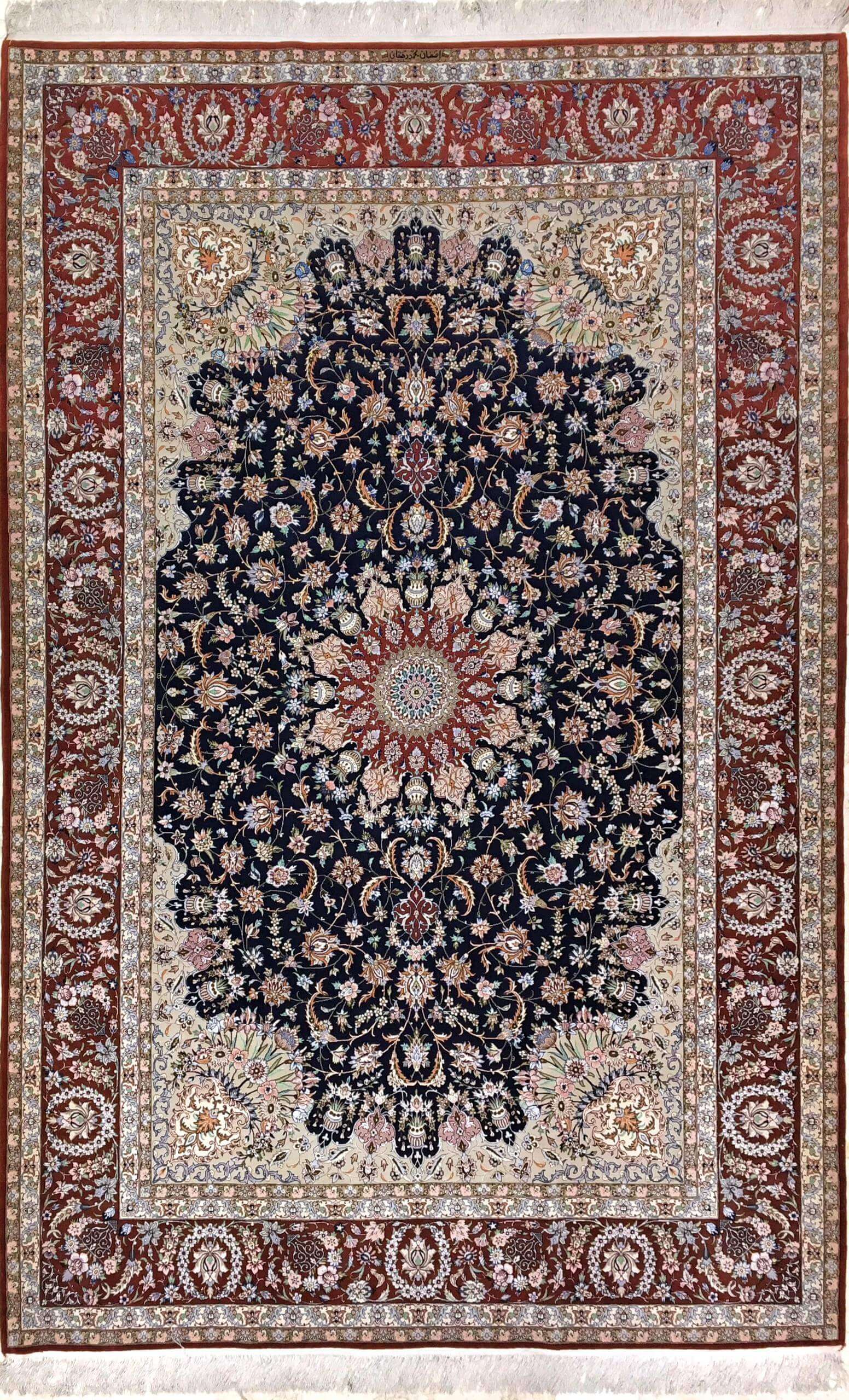 "Luxurious Isfahan Persian rug, hand-knotted by Deghani.M, with an intricate floral medallion design."