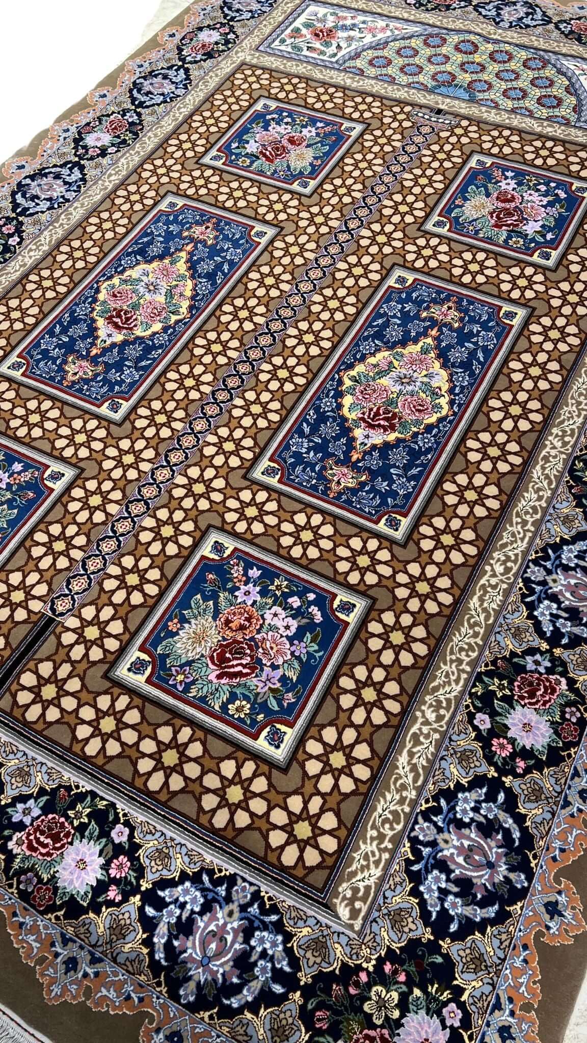Handwoven Persian carpet featuring floral medallions.
