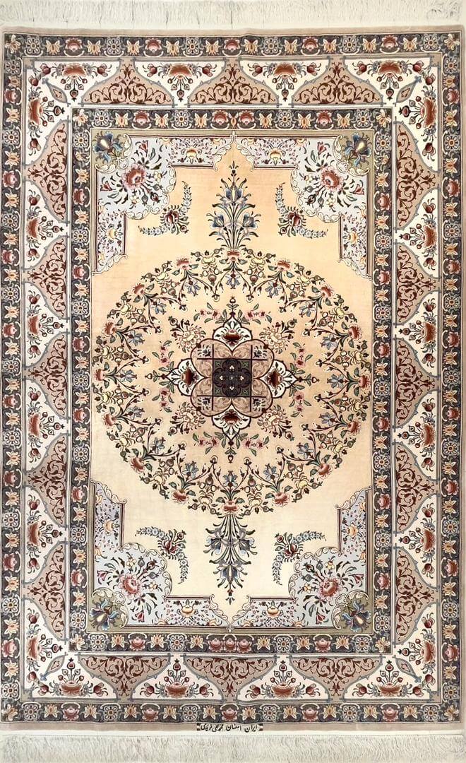"Hand-knotted Persian Isfahan rug made of silk and wool, measuring 223 cm x 150 cm, featuring intricate designs with 1,000,000 knots per square meter, crafted by Master Moeidie in Isfahan, Iran."

