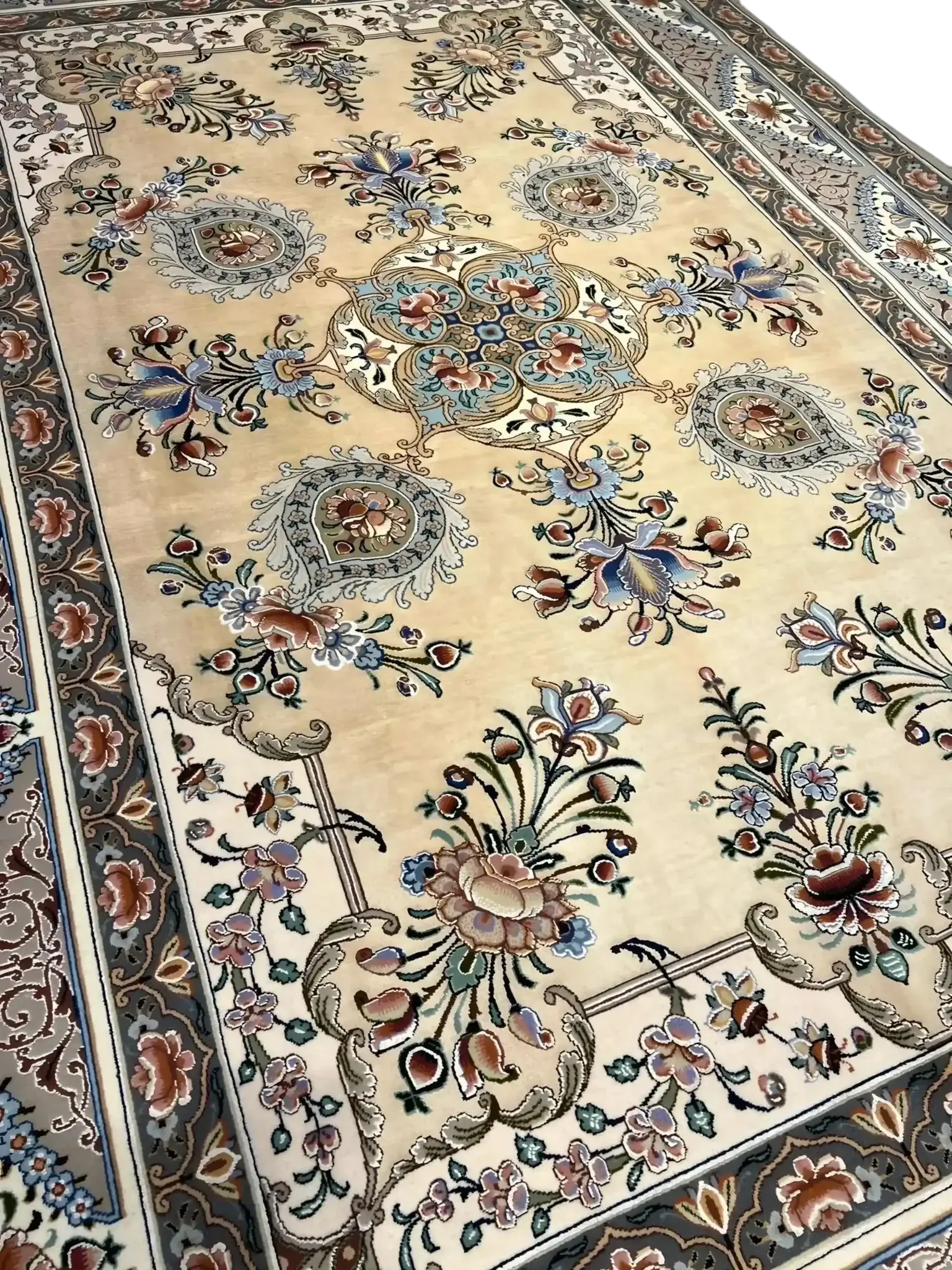 Master Moeidie Silk Open Floor Rug with intricate floral patterns