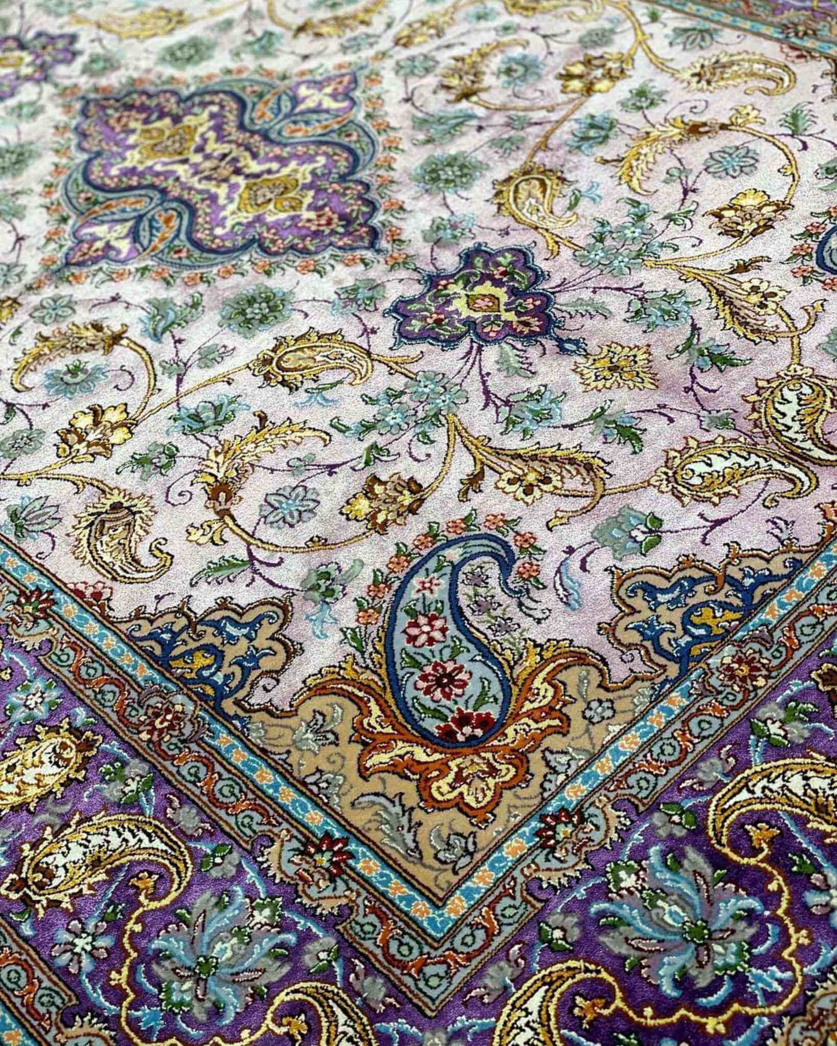 "Elegant pink Persian rug with detailed floral designs, perfect for modern and classic interiors."