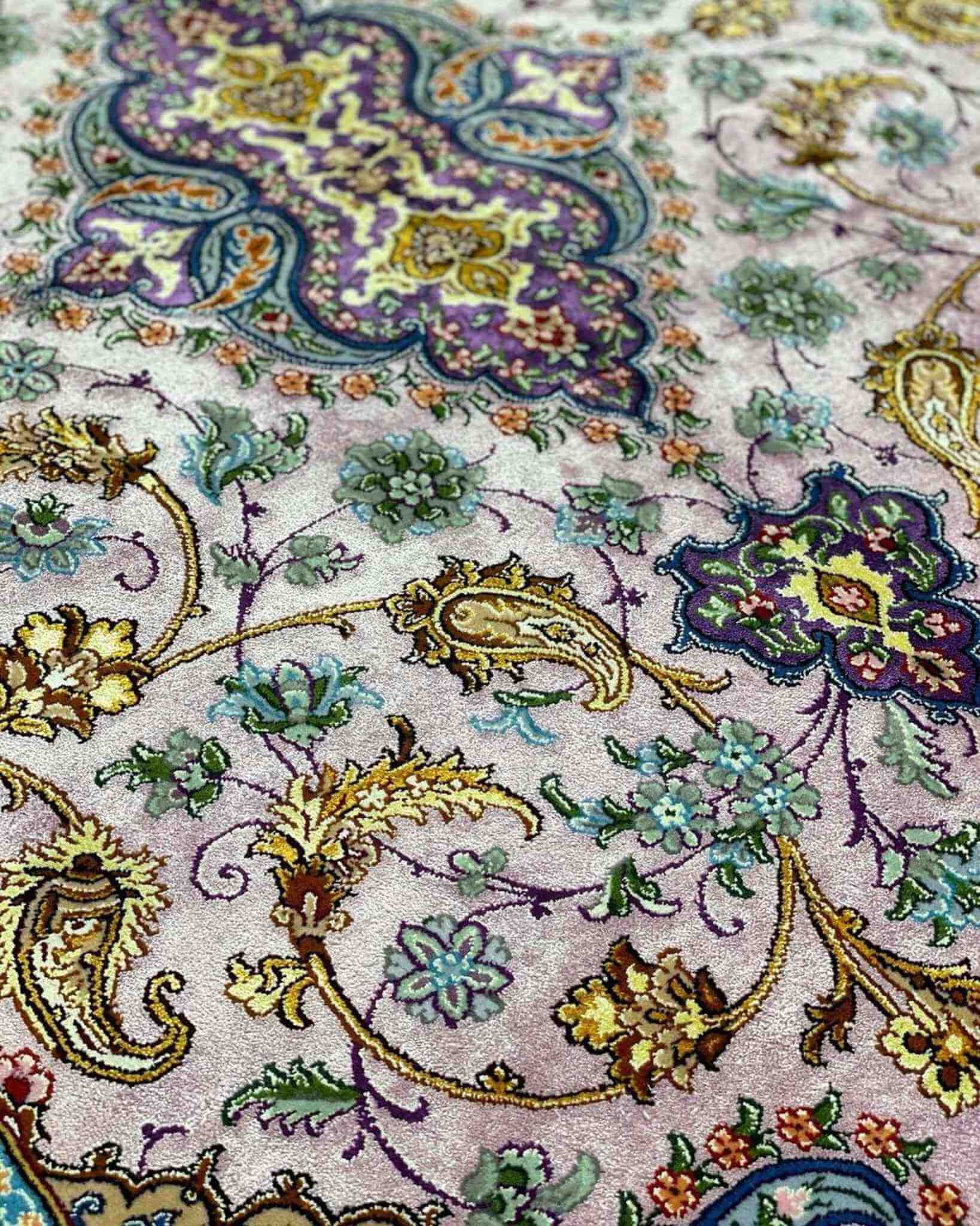 "Fine-woven Persian rug with silk warp and 810,000 knots per square meter, crafted in Isfahan."