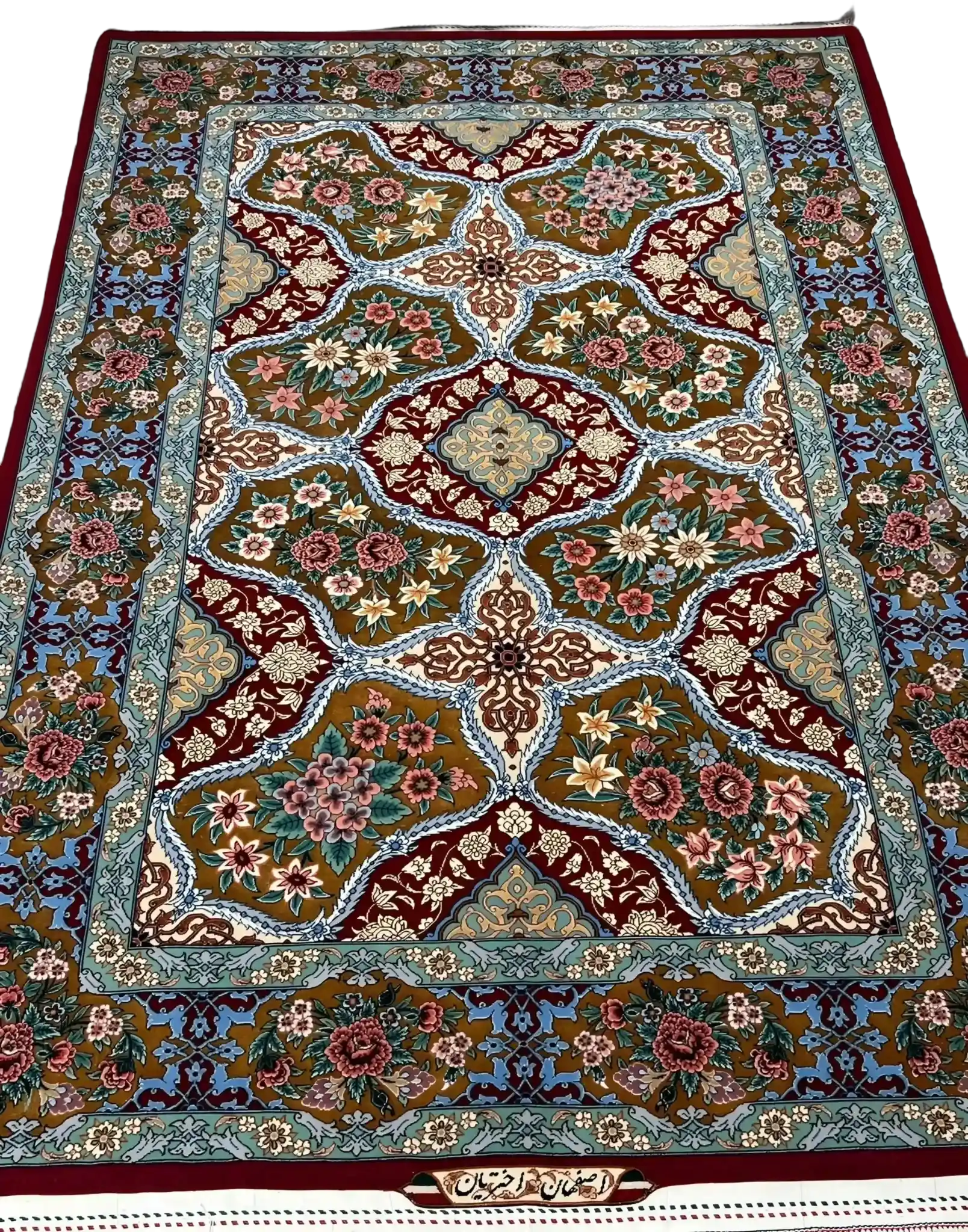 "Hand-knotted Isfahan Persian rug featuring the intricate Akhtrarian Frame Design with a floral medallion pattern."