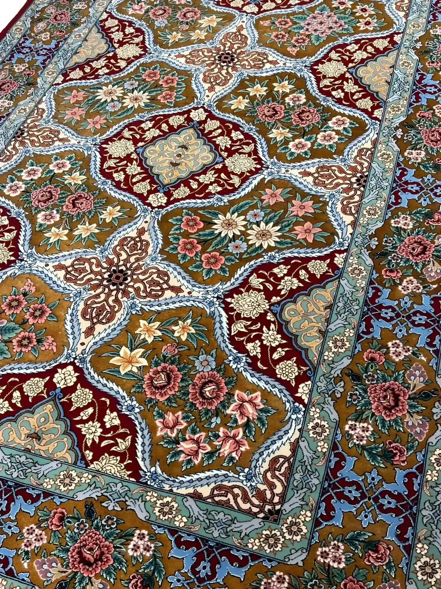 Rare Isfahan carpet with golden ochre, blue, and ivory detailing, handwoven with 1,000,000 knots per square meter."
