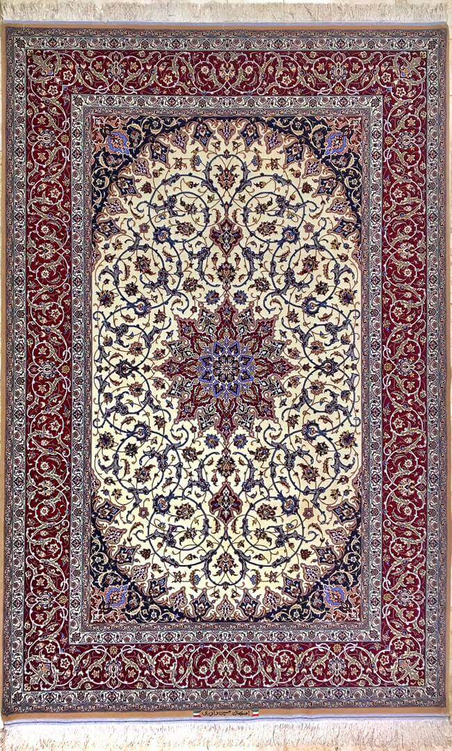 "New Davarie Islimie Design rug, hand-knotted in Isfahan, Iran, featuring a red and blue floral pattern, made of a silk-wool blend, 235 x 155 cm."

