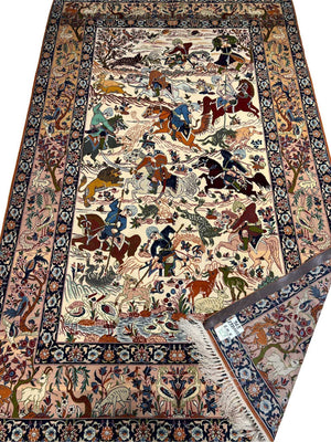 Hunting Scene Rug - Persian Isfahan Hand-Knotted Art