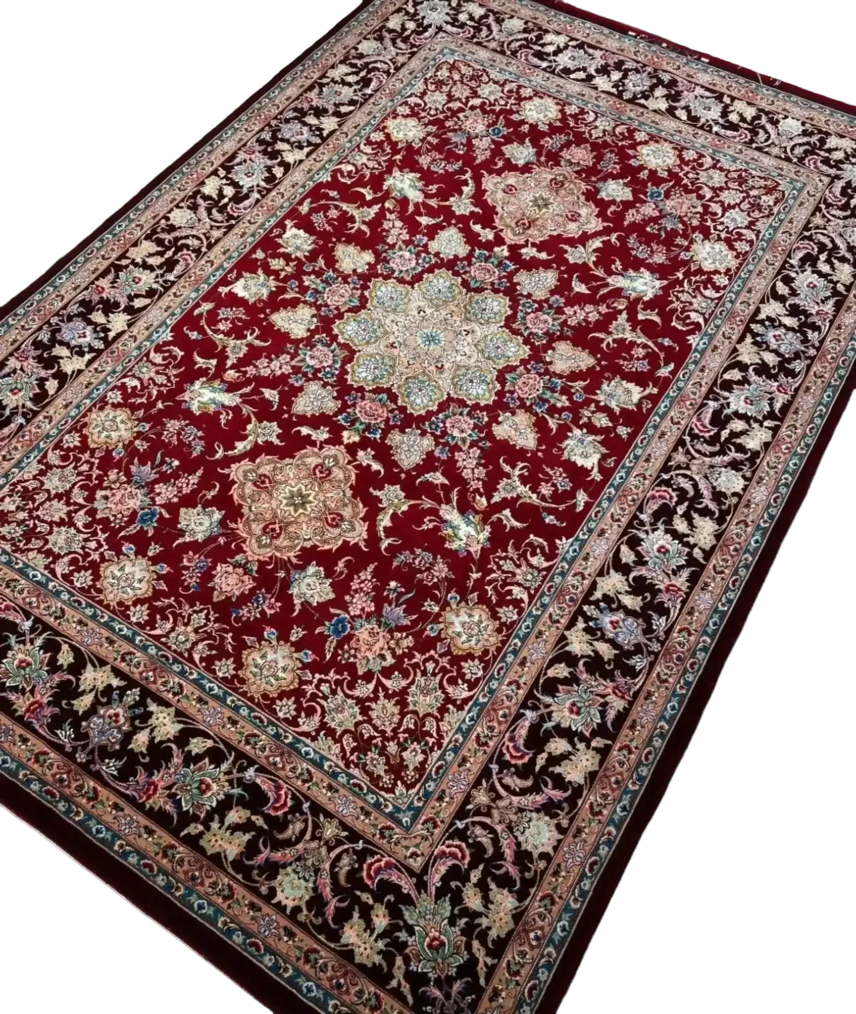 Ornate red and blue design on a traditional Isfahan Persian rug