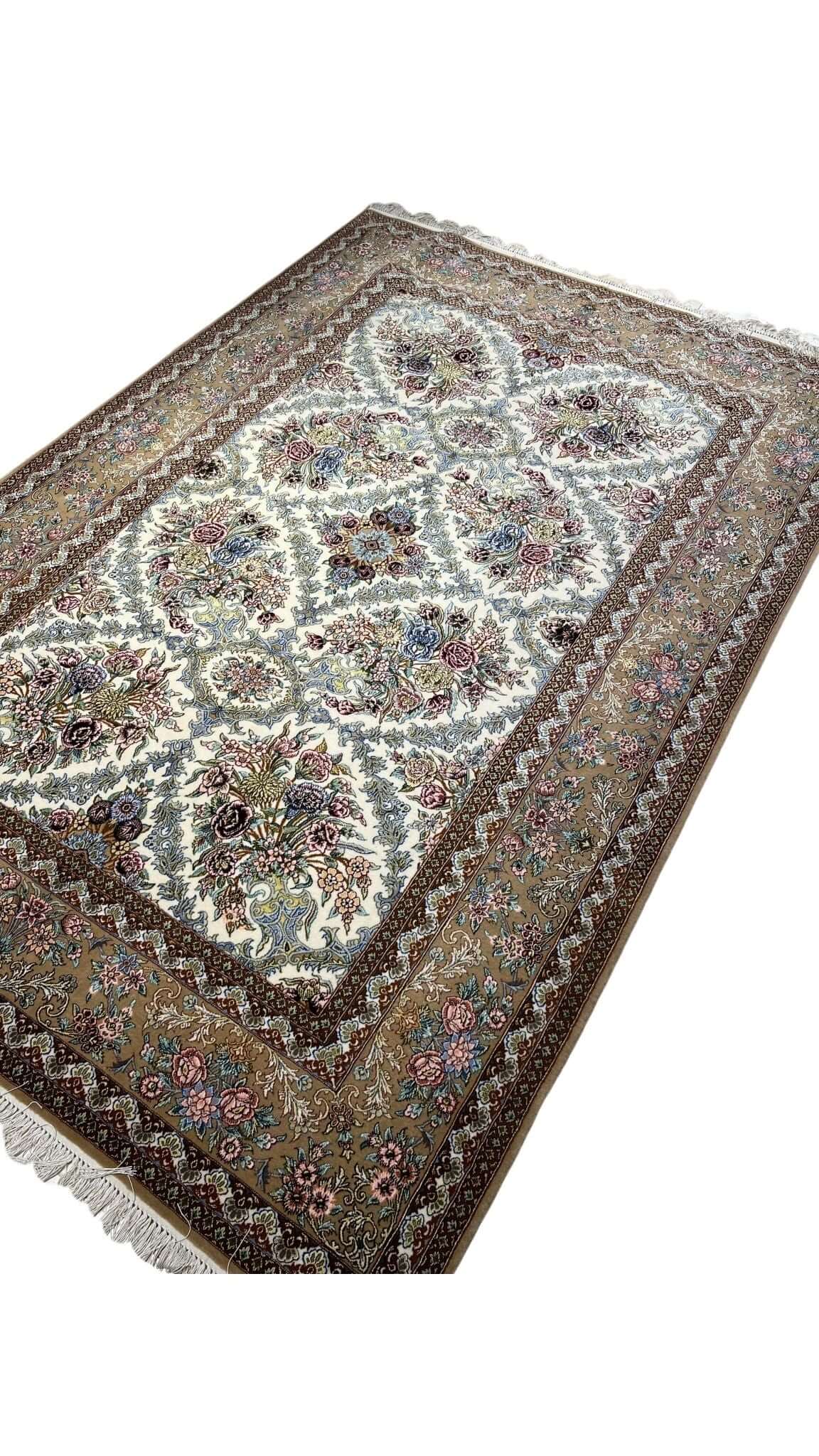 "Traditional Isfahan hand-knotted carpet with a vibrant beige color scheme."