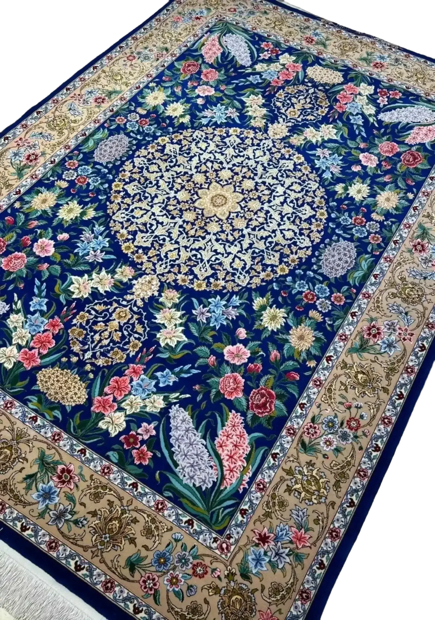 "Limited edition blue Persian rug, with a floral pattern, made of wool and silk, handwoven in Isfahan, 7.2 x 5 feet in size."
